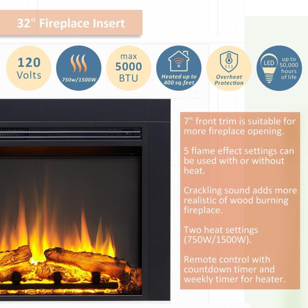 Legend Flame LegendFlame Jaden 32'' W x 25'' H (EF455) Electric Fireplace Insert with Front Trim Kit, Fire Crackling Sound, 750W/1500W Heater, Remote Control Black - Image 3