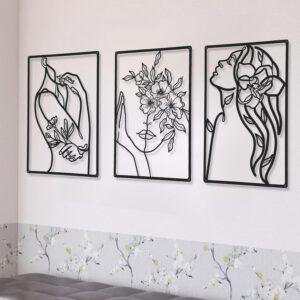CHENGU 3 Pieces Metal Minimalist Abstract Woman Wall Art Line Drawing Wall Art Decor Single Line Female Home Hanging Wall Art Decor for Kitchen Bathroom Living Room (Flower)