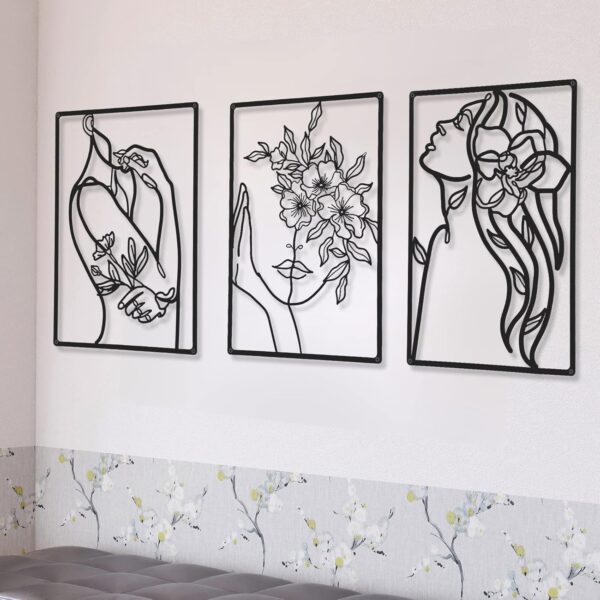 CHENGU 3 Pieces Metal Minimalist Abstract Woman Wall Art Line Drawing Wall Art Decor Single Line Female Home Hanging Wall Art Decor for Kitchen Bathroom Living Room (Flower)
