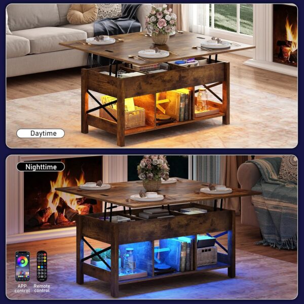 Lift Top Coffee Table, 4 in 1 Living Room Multi-Function LED Table with Charging Station&LED Lights, Farmhouse Convertible Lift Center Table w/Storage and Hidden Compartment, Rustic Brown - Image 4