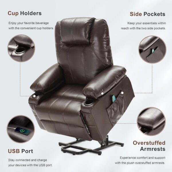 Oversized Power Lift Recliner Chair with Heat and Massage, Leather Power Recliner Chair with USB Port and Cup Holders, Big Large Recliner Chair for Seniors (Leather, Brown) - Image 7