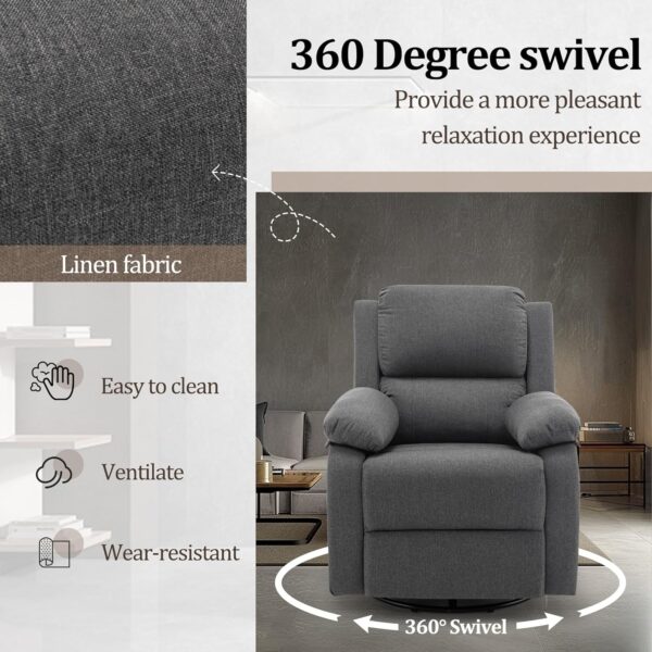 Recliner Chair, 360 Swivel Rocker Chair for Adults, Small Rocking Recliner Chair for Small Spaces, Upholstered Fabric Glider Recliner Nursery Chair with Side Pockets for Living Room, Nursery - Image 5