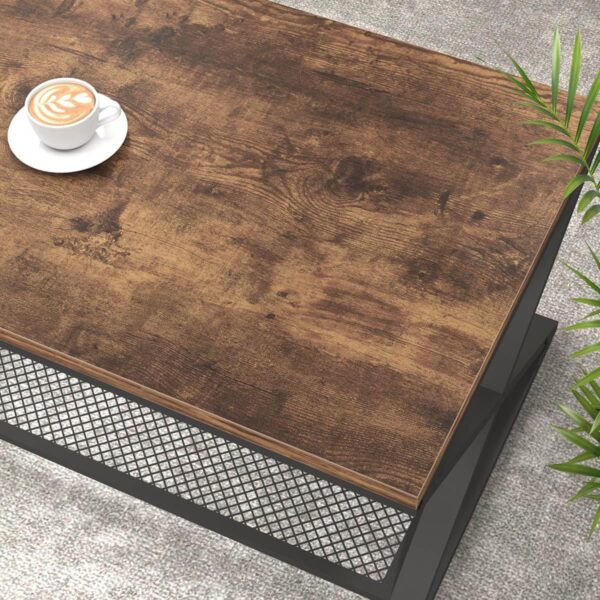 LVB Rustic Coffee Table with Storage, Industrial Wood Metal 2 Tier Center Living Room Table with Mesh Shelf, Farmhouse Wooden Low Rectangle Cocktail Tea Table for Office Bedroom, 47 inch, Rustic Brown - Image 5