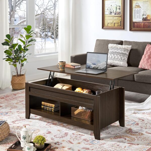 Yaheetech Lift Top Coffee Table with Hidden Storage Compartment & 2 Open Shelves, Rising Tabletop Pop Up Center Table for Living Room Reception Room, 47.5'' L, Espresso - Image 2