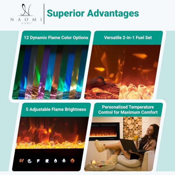 Electric Fireplace 30" with Remote and Touch Screen, Electric Fireplace Inserts Recessed, 12 Flame Colors Electric Fireplace Heater, Wall Mount Fireplace with Carbon & Crystal Logs, 750W/1500W - Image 5