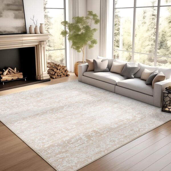 8x10 Area Rugs for Living Room, Stain Resistant Neutral Washable Rugs for Dining Room, Floral Vintage Non-Slip Thin Large Size Area Rug Beige - Image 2