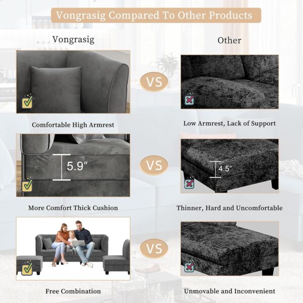 Vongrasig 5 Pieces Sectional Couch Modular Sofa with Reversible Chaise 116" Velvet L-Shaped Couch Sofa 4-seat Modular Large Sectional Couch with Ottoman for Living Room, Upholstered Cushion (Grey) - Image 7