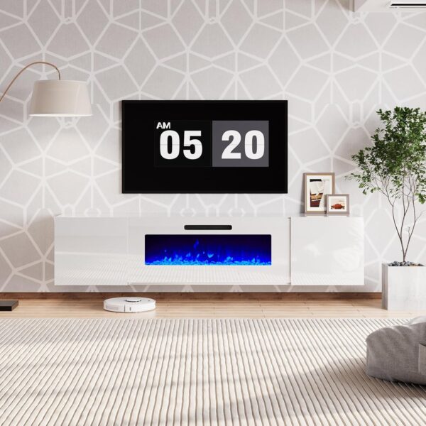 AMERLIFE Floating Fireplace TV Stand, Wall Mounted Mirrored Entertainment Center with 40" Electric Fireplace, Modern LED Lights Media Console for TVs Up to 90", All White - Image 7