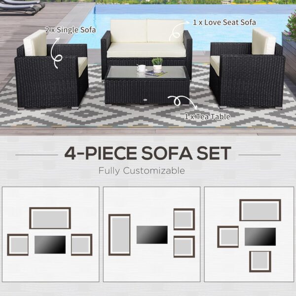 Outsunny 4 Piece Wicker Patio Furniture Set with Cushions, Outdoor Sectional Furniture with 2 Sofa, Loveseat, and Glass Top Coffee Table, Conversation Sofa Sets for Garden, White - Image 4