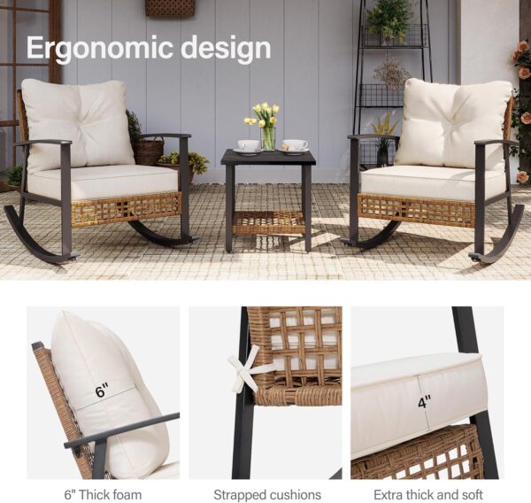 LAUSAINT HOME 3 Pieces Rocking Bistro Set, Outdoor Patio Furniture Set with Thick Cushions and 2-Tier Coffee Table, Oversize Rattan Conversation Sets for Garden, Balcony, Backyard (Beige) - Image 3