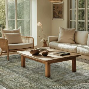 Area Rug 5x7 for Living Room Bedroom, Machine Washable Neutral Rug, Soft Vintage Print Sage Green Carpet, Low Pile Mat with Non Slip Rubber Backing