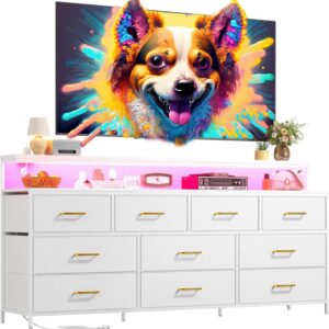 EnHomee 55" W White Dresser for Bedroom with 10 Drawers Long Dressers & Chests of Drawers with LED Lights & Power Outlets Large Dresser for Bedroom Dresser for Closet, Hallway, Metal Frame, White
