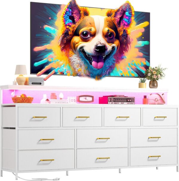 EnHomee 55" W White Dresser for Bedroom with 10 Drawers Long Dressers & Chests of Drawers with LED Lights & Power Outlets Large Dresser for Bedroom Dresser for Closet, Hallway, Metal Frame, White