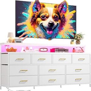 EnHomee 55" W White Dresser for Bedroom with 10 Drawers Long Dressers & Chests of Drawers with LED Lights & Power Outlets Large Dresser for Bedroom Dresser for Closet, Hallway, Metal Frame, White