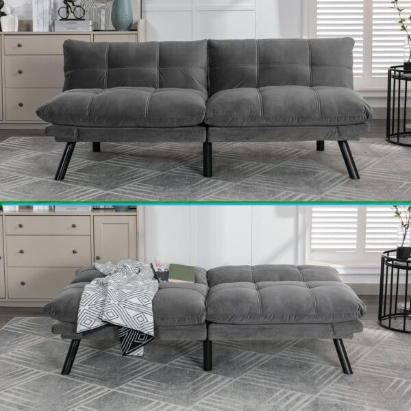 71" Velvet Futon Couch Bed with Mattress Included,Convertible Folding Sleeper Sofa Bed with Adjustable Backrests,Modern Loveseat Sleeper for Living Room Bedroom Small Space Home Office (Grey) - Image 3