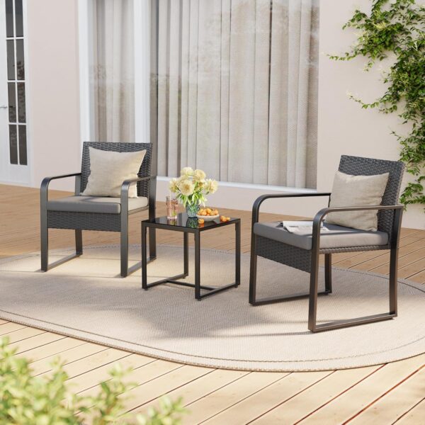 Gizoon 3 Pieces Patio Set Outdoor Wicker Furniture Sets, Modern Rattan Chair Conversation Sets with Coffee Table, for Yard, Bistro, Garden, Balcony, Poolside, Grey - Image 6