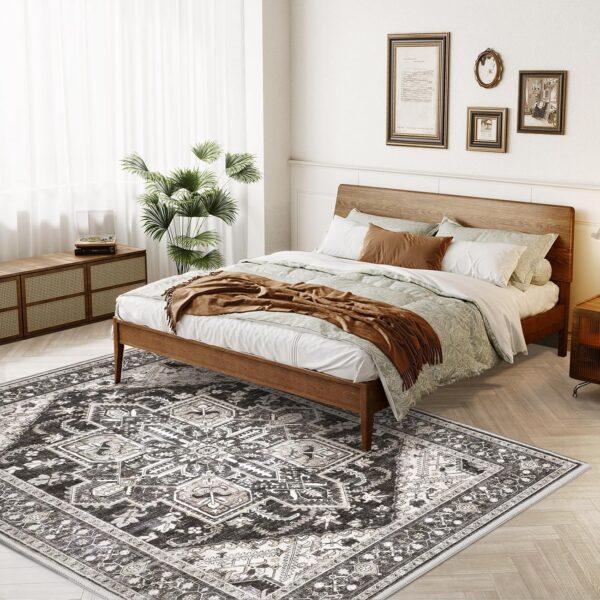 Area Rugs 8x10 Machine Washable, Boho Rug for Living Room Bedroom, Ultra-Soft Non-Slip Stain Resistant Vintage Rugs for for Kitchen Dining Room Office Home Decor, Bitter Black - Image 5