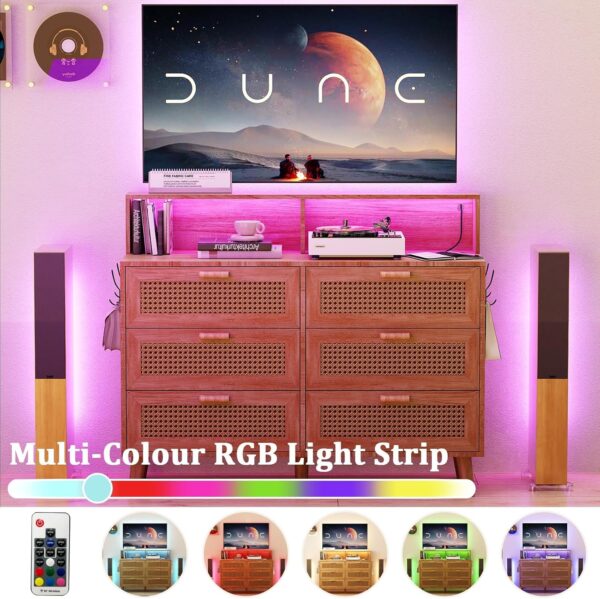 Dresser for Bedroom, 6 Drawer Boho Dresser with LED Light, Rattan Chest of Dressers, Modern Wood Dresser Chest, BesideTable for closet,Storage Organizer Cabinet for Hallway Entryway LivingRoom Natural - Image 5