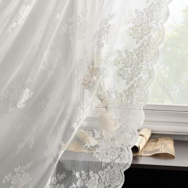 Kotile Short Lace Curtains 36 Inch Length 2 Panels Set, Country Rustic Floral Lace Kitchen Window Curtains Over Blinds, Rod Pocket Privacy Vintage Sheer Lace Café Curtains, Each 52 x 36 Inch, Ivory - Image 5