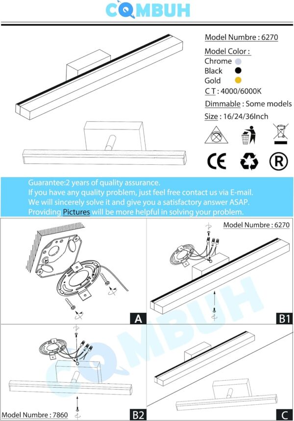 Combuh LED Bathroom Vanity Light Bar 16 Inch 9W Black IP44 Over Mirror Lighting Fixture Wall Sconce Indoor Modern Cool White 6000K - Image 7