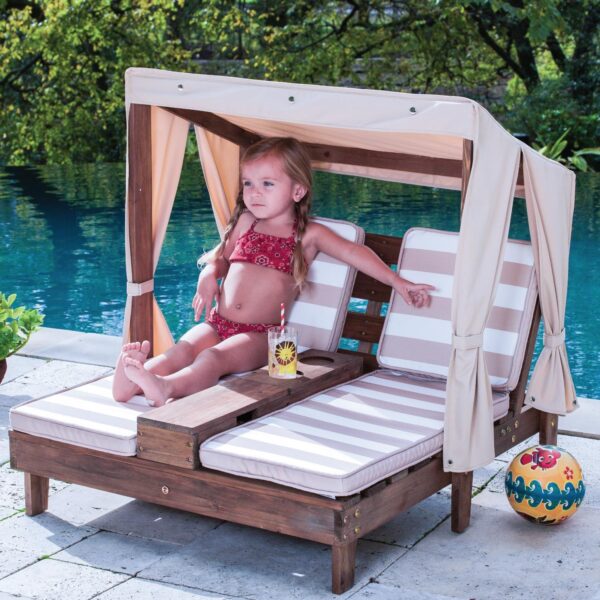 KidKraft Wooden Outdoor Double Chaise Lounge with Cup Holders, Patio Furniture for Kids or Pets, Espresso with Oatmeal and White Striped Fabric - Image 2