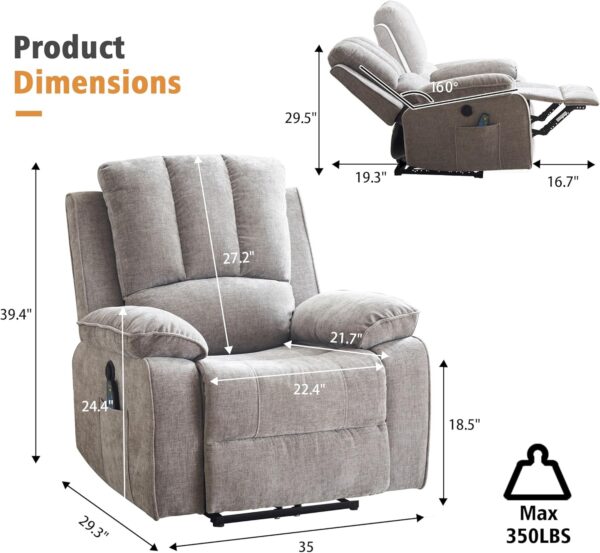 Power Recliner Chair with Massage and Heat, Overstuffed Electric Recliner for Living Room, Upholstered Soft Fabric Reclining Sofa Chair (Grey-Fabric) - Image 2