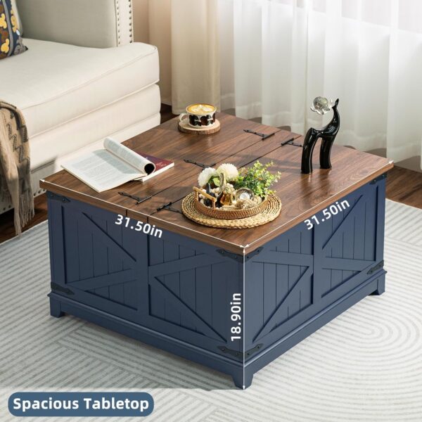 Farmhouse Coffee Table with Hidden Storage Organizer, Modern Square Large Center Table, Wood Farm House Low Navy Blue Living Room Tables with Hinged Lift Top for Home, Office - Image 5
