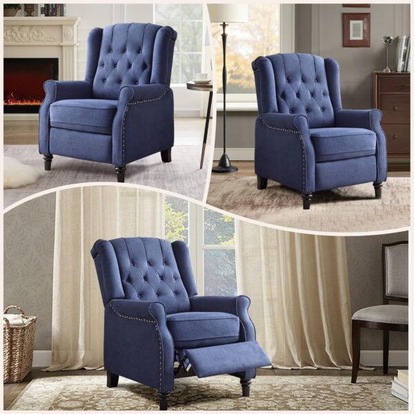 Bonzy Home Living Room Chair, Push Back Recliner Chair, Mid Century Modern Wingback Chair, Comfy Fabric Arm Chair with Rivet Decoration, Button-Tufted Back, Solid Wood Legs, Blue - Image 7