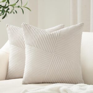 Topfinel Cream White Decorative Neutral Throw Pillow Covers 18x18 Inch for Couch Sofa Bed, Soft Corduroy Striped Patchwork Windmill Textured Square Cushion Covers Set of 2 Spring Boho Home Decor
