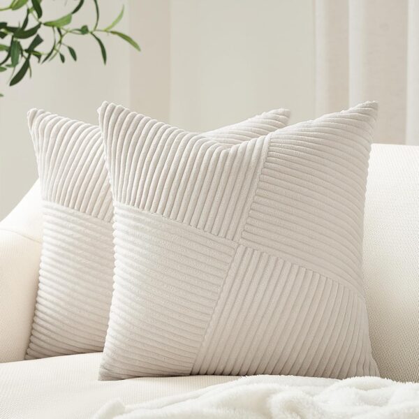 Topfinel Cream White Decorative Neutral Throw Pillow Covers 18x18 Inch for Couch Sofa Bed, Soft Corduroy Striped Patchwork Windmill Textured Square Cushion Covers Set of 2 Spring Boho Home Decor