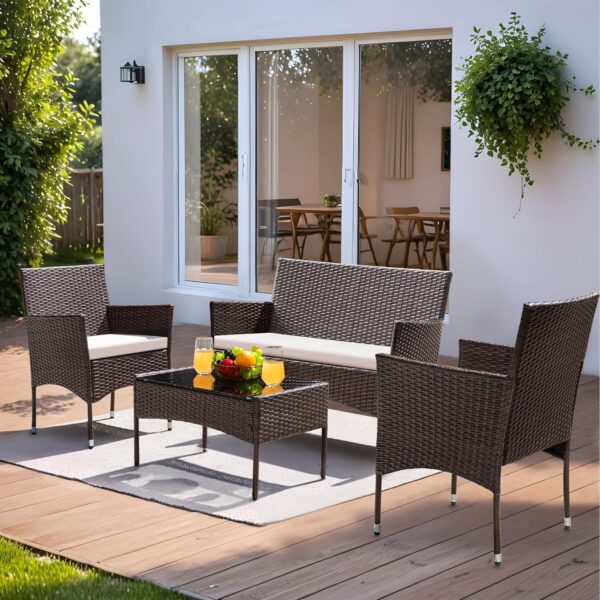 Greesum Patio Furniture 4 Pieces Conversation Sets Outdoor Wicker Rattan Chairs Garden Backyard Balcony Porch Poolside loveseat with Cushion and Glass Table, Brown and Beige - Image 2