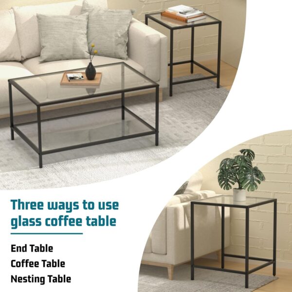Nesting Coffee Table,Small Glass Coffee Table Set of 2,Black Modern Square Sofa Side Tea Table for Living Room,Bedroom and Small Spaces,2 Tier Tempered Glass with Sturdy Metal Frame, Easy Assembly - Image 5