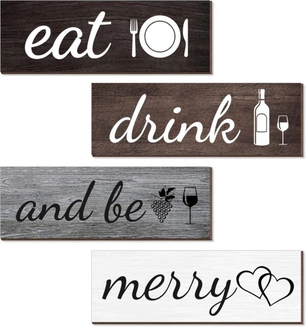 Joyhawk 4 Pcs Rustic Kitchen Decor and Accessories, Farmhouse Kitchen Wall Decor, Eat Signs Kitchen Wall Decorations for Home, Modern Eat Drink and Be Merry Art Signs for Dining Room