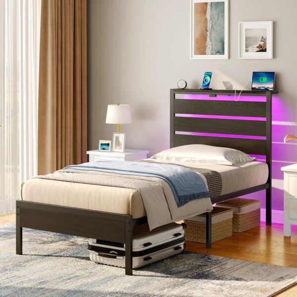 Rolanstar Bed Frame Twin Size with USB Charging Station, LED Bed Frame with Wood Storage Headboard, Black Metal Platform Bed with Under Bed Storage, No Box Spring Needed, Noise Free - Image 5