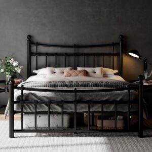 Feonase Queen Size Metal Bed Frame with Modern Iron-Art Headboard & Footboard, Platform Bed Frame with 12" Storage Space, Hardened Steel Slats, No Box Spring Needed, Black