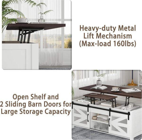 wanan 47.2" Lift Top Coffee Table, 4 in 1 Farmhouse Coffee Table with Sliding Barn Doors, Coffee Tables for Living Room, Dining Room (Grey) - Image 6