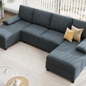 JAMFLY Sectional Sofa Couches for Living Room, U Shaped Couch Sofas Living Room Furniture Sets Clearance with Double Chaises, Dark Grey