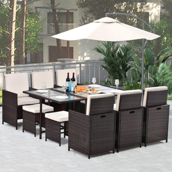 Outdoor Garden Patio Furniture 11 Piece Cushioned PE Rattan Wicker Dining Set，outdoor dining set； 10 person dining table；outdoor dining table for 8；wicker ottoman；patio dining set，save space dining - Image 4