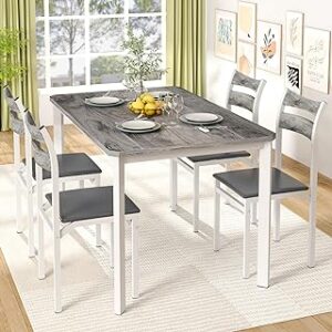 DKLGG Dining Table Set for 4, 43.3" Dining Room Table with 4 Upholstered PU Leather Chairs, Modern Wood Kitchen Table and Chairs Set, 5-Piece Dinette Set for Breakfast Nook, Small Places, Grey