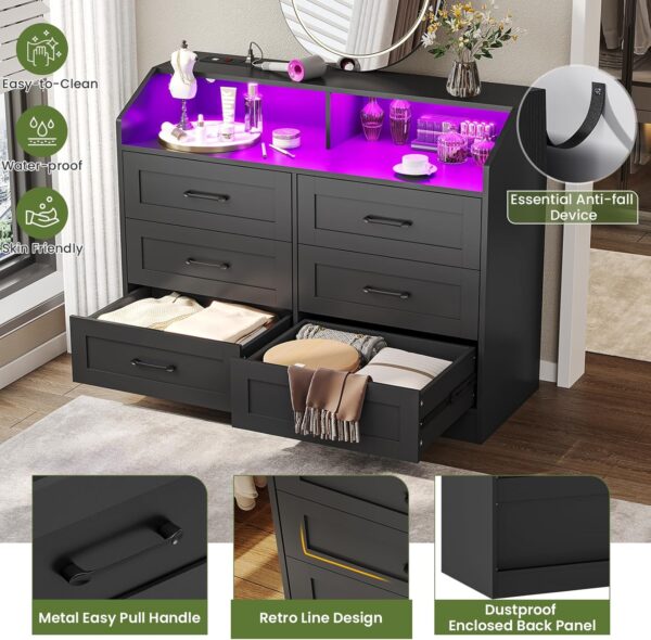Hasuit Black 6 Drawers Dresser with LED Lights and Charging Station, Modern Wood Bedroom Storage Tower Clothes Organizer, Chest of 6 Drawers Storage Cabinet with Deep Drawers for Bedroom, Living Room - Image 7