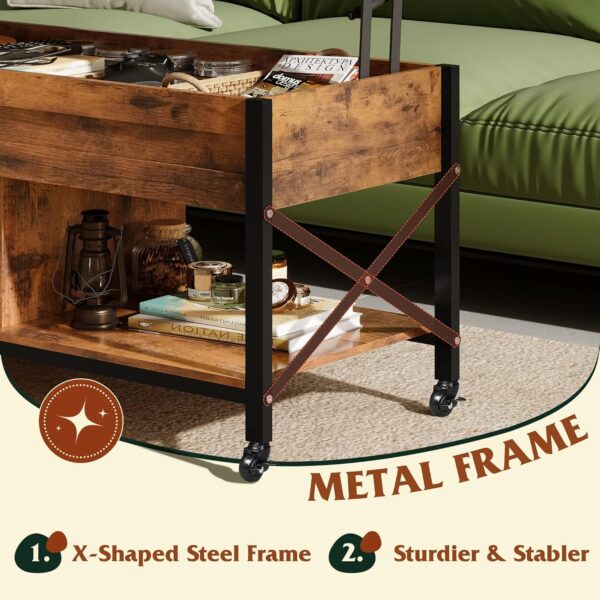 WLIVE Coffee Table, 41.3" Lift Top Coffee Table with 4 Wheels, Hidden Compartment, Storage Shelf and Lift Tabletop for Living Room, Reception Room, Rustic Brown - Image 7