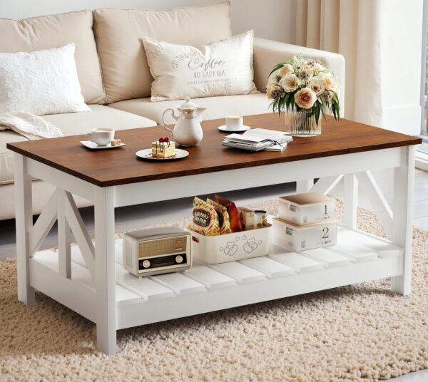 Flamaker Modern Farmhouse Coffee Table with Large Storage, 2-Tier Wood Living Room Table with Sturdy Frame, Rectangular Coffee Tables for Living Room, Meeting Room, Apartment (Rustic Oak & White)