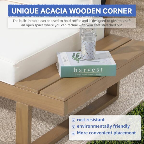Soleil Jardin 4 Piece Acacia Wood Patio Furniture L-Shaped Outdoor Sectional Sofa Set with Coffee Table, FSC Certified Conversation Set with Built-in Side Table and Cream White Cushions for Garden - Image 7