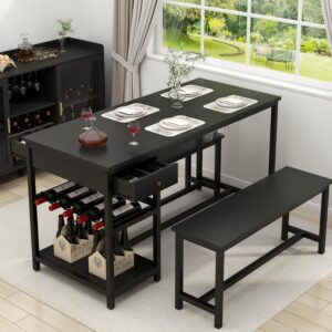 Dining Table Set for 4-6 People, 54.7" Kitchen Dinner Table with 2 Bench, Dining Room Table Set with Storage Drawer & Shelf, 3-Piece Breakfast Nook Table with Wine Rack &Glass Holder (Black)