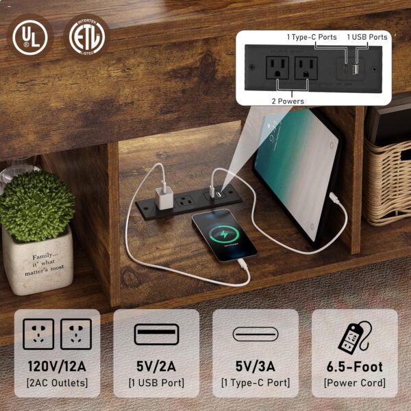 Lift Top Coffee Table, 4 in 1 Living Room Multi-Function LED Table with Charging Station&LED Lights, Farmhouse Convertible Lift Center Table w/Storage and Hidden Compartment, Rustic Brown - Image 5