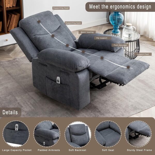Electric Power Recliner Chair with Lumbar Heating and 8-Point Vibration Massage Function, Remote Control, Fabric Velvet Single Sofa Chiar with Footrest for Adult Living Room (Dark Gray) - Image 4
