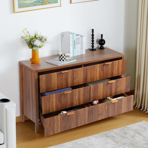 Fluted 6 Drawer Double Dresser for Bedroom, 47" Wide Modern Closet Dressers Chest of Drawers, Wood Storage Dresser Organizer for Nursery Bedroom Living Room Hallway Closet, Walnut - Image 4