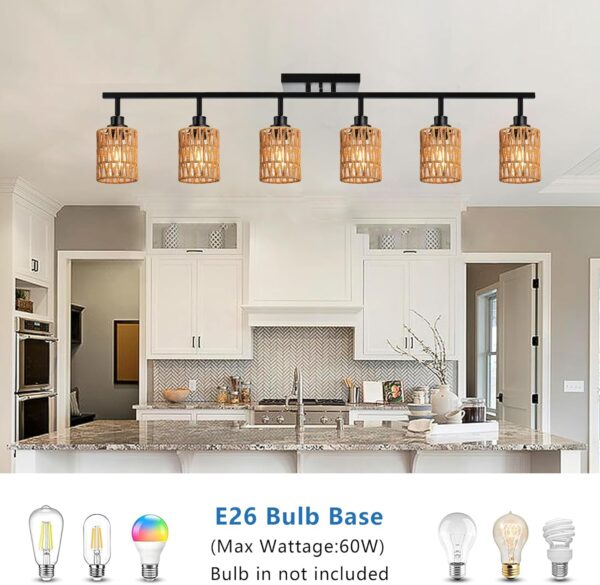 MELUCEE Ceiling Track Lighting Kits 6 Light Farmhouse Bathroom Light Fixtures with Flexibly Rotatable Light Head, Black Spotlights with Rattan Lamp Shade for Hallway Porch Foyer Bath - Image 7