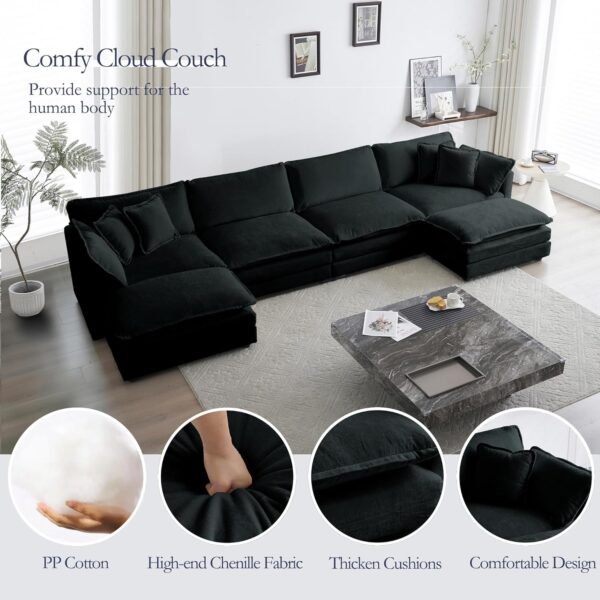 GNIXUU 146“ Oversized Modular Sectional Sofa Cloud Couch for Living Room, Modern Chenille Large U Shaped Couch, Comfy Deep Seat Couch with Reversible Chaise & Cushions(6 Seater, Black) - Image 3