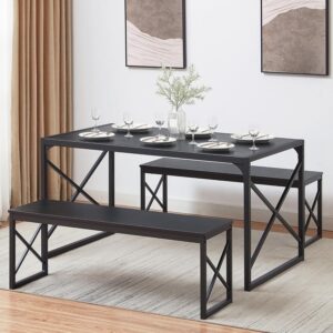 VECELO Kitchen Dining Table Set for 4, 55" Wood Rectangle Dinette with 2 Benches, Heavy-Duty Metal Frame for Small Space, Breakfast Nook, White